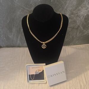 14K Gold Plated Letter "A" Pendant Cuban Chain Necklace NIB